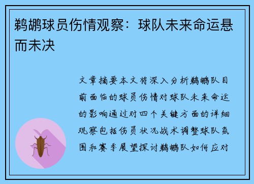 鹈鹕球员伤情观察：球队未来命运悬而未决